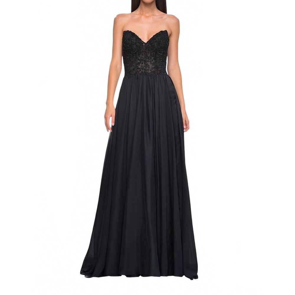 La Femme Black Strapless Lace Bodice Prom Gown with High Slit - Picture 2 of 7